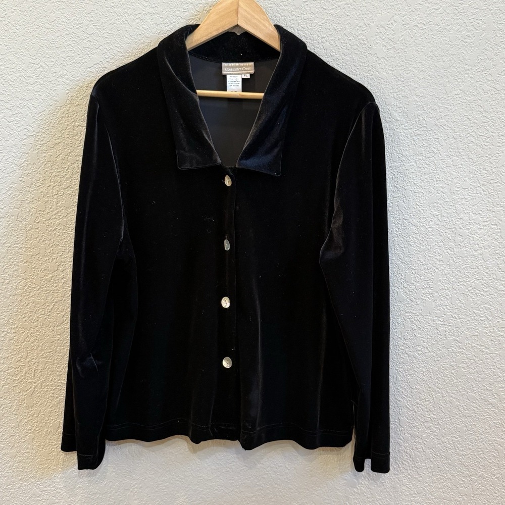 Coldwater Creek Black Velvet Button Up Shirt Mother of Pearl Buttons PL